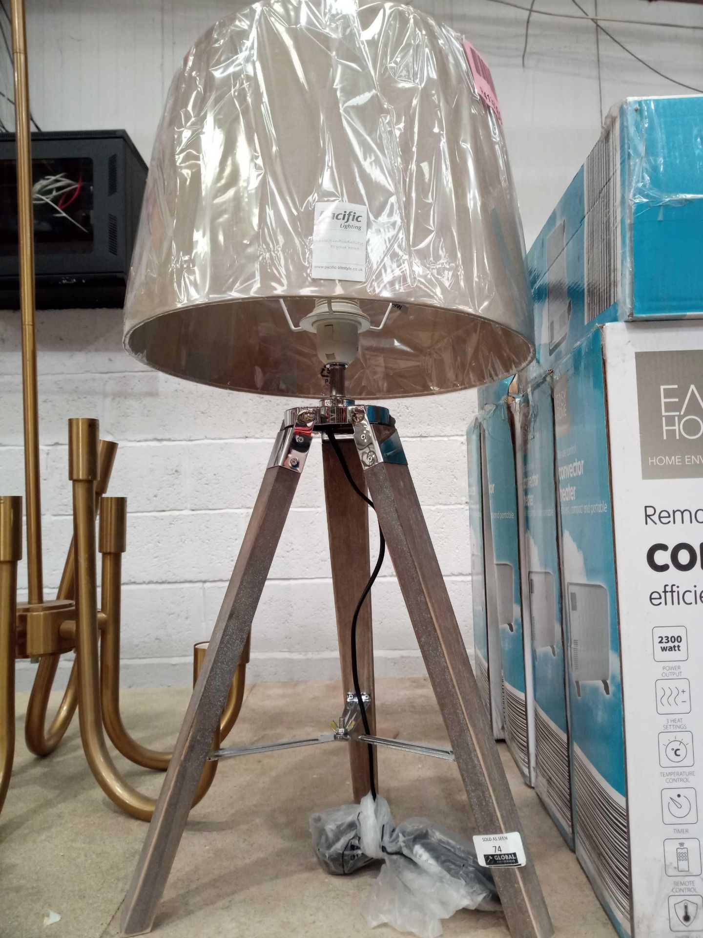 RRP £70. Unboxed Wooden Designer Tripod Table Lamp, Fabric Lampshade.