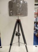 RRP £100. Unboxed Wooden Designer Adjustable Tripod Floor Lamp, Fabric Lampshade.