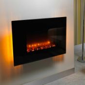 RRP £160 Curved Black Glass Wall Mounted Real Flame Effect Electric Fireplace With Led Display And A
