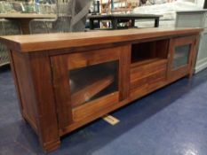 Rrp £270 Solid Wooden 2-Door 1-Drawer Cherrywood Glazed Tv Stand