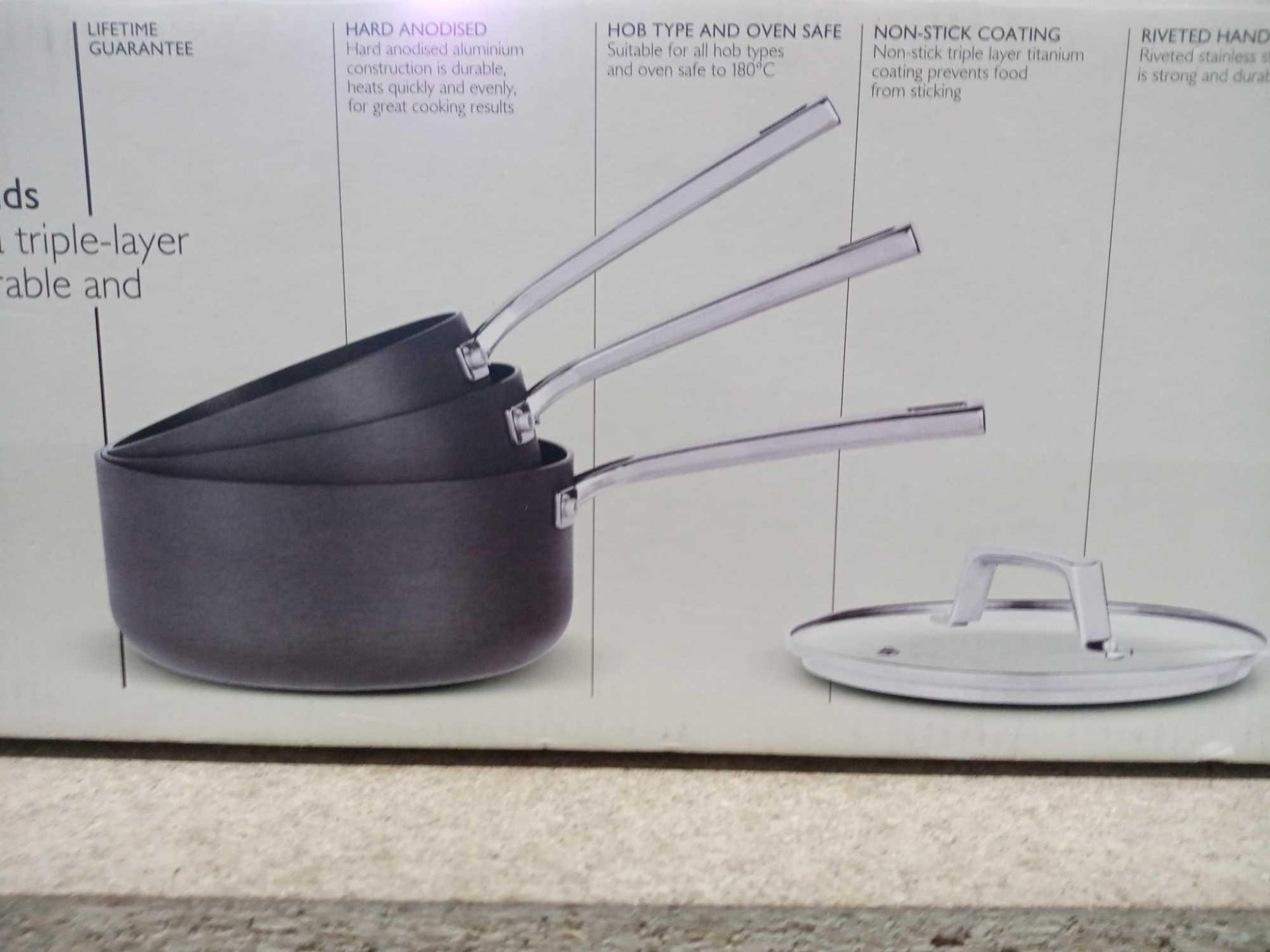 Rrp £100 Boxed John Lewis And Partners Hard Anodised 3-Piece Saucepan Set - Image 2 of 2