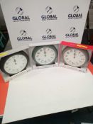 Combined Rrp £90. Lot To Contain 3 Boxed Designer Jones Clocks In Various Colours.