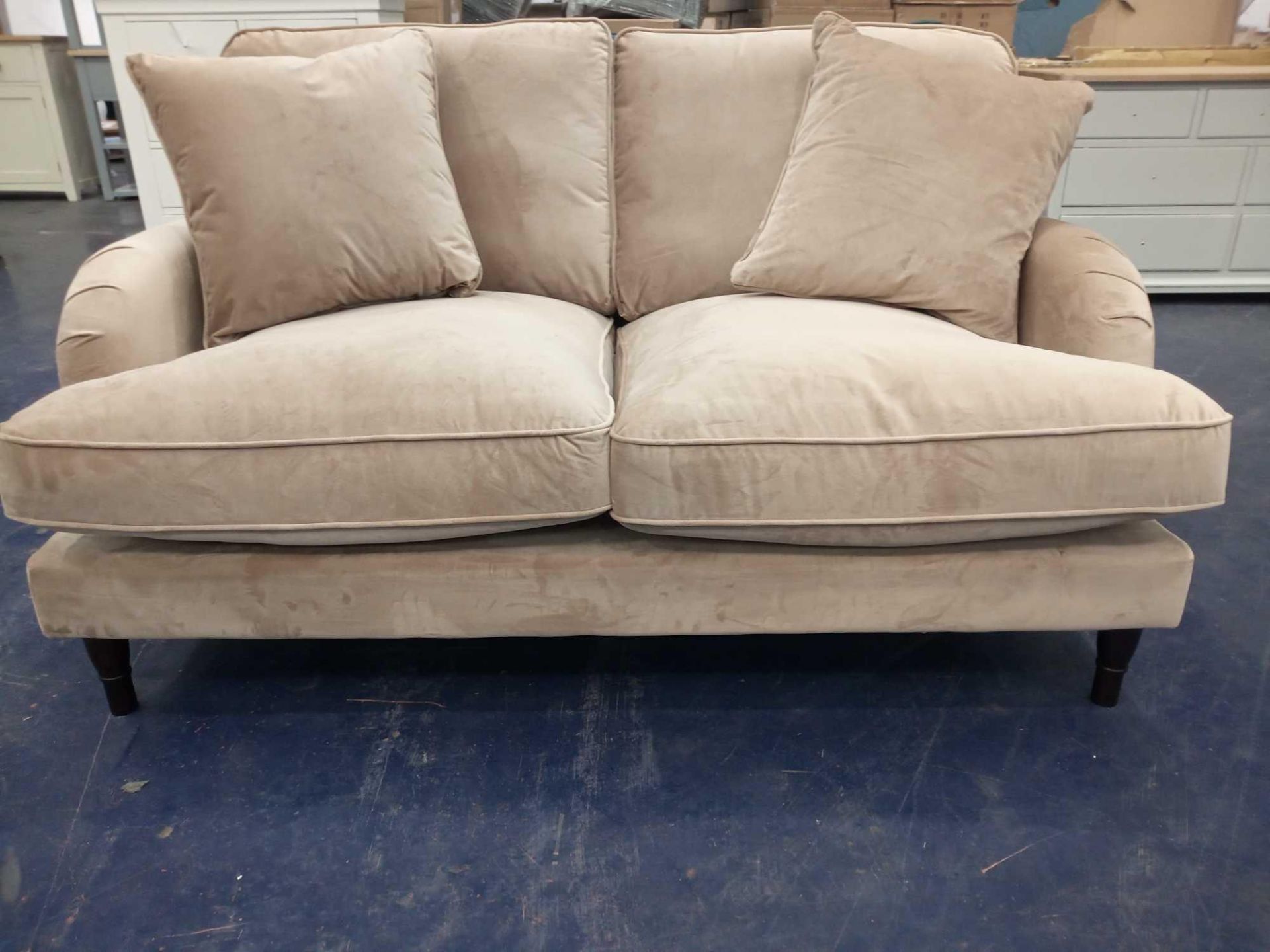 Rrp £999 Champagne Velvet Small Two-Seater Fabric Champagne Coloured Sofa With Scatter Cushions And