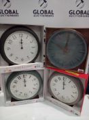 Combined Rrp £120 Lot To Contain 4 Designer Wall Clocks In Assorted Design And Colours