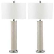 RRP £160 Boxed Safavieh Lombard Pair Of Tall Cylindrical Base Designer Table Lamps