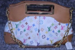 Rrp £1750 Louis Vuitton Judy Mm White Coated Canvas Multicolour Vachetta Shoulder Bag With Golden