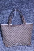 Rrp £1050 Gucci Craft Tote Monogramme Tan Leather Beige/Brown Gm Canvas Shoulder Bag With Gold