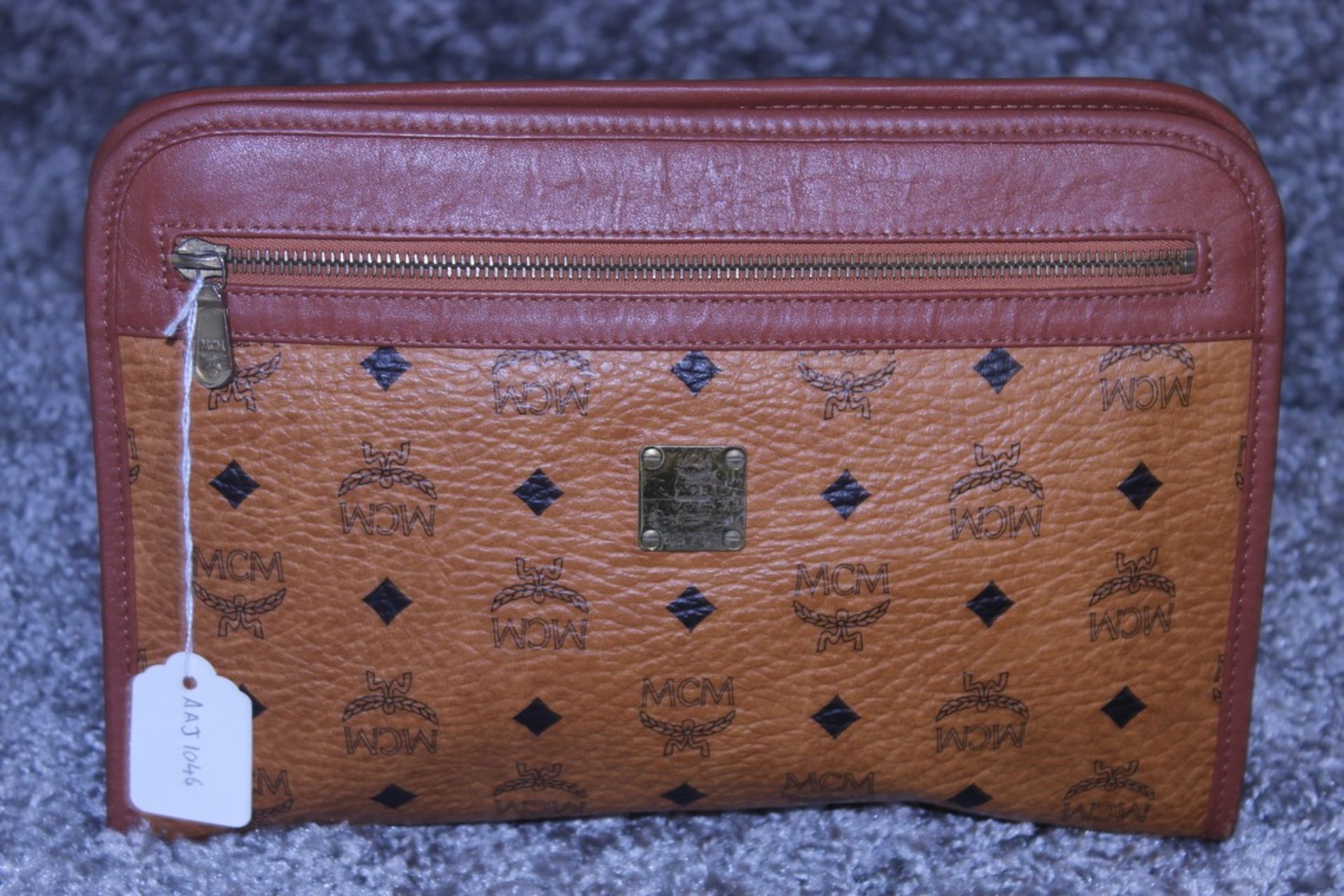 Rrp £300 MCM Calf Leather Cognac Monogramme Gold Vachetta Vintage Clutch Handbag. Production Code