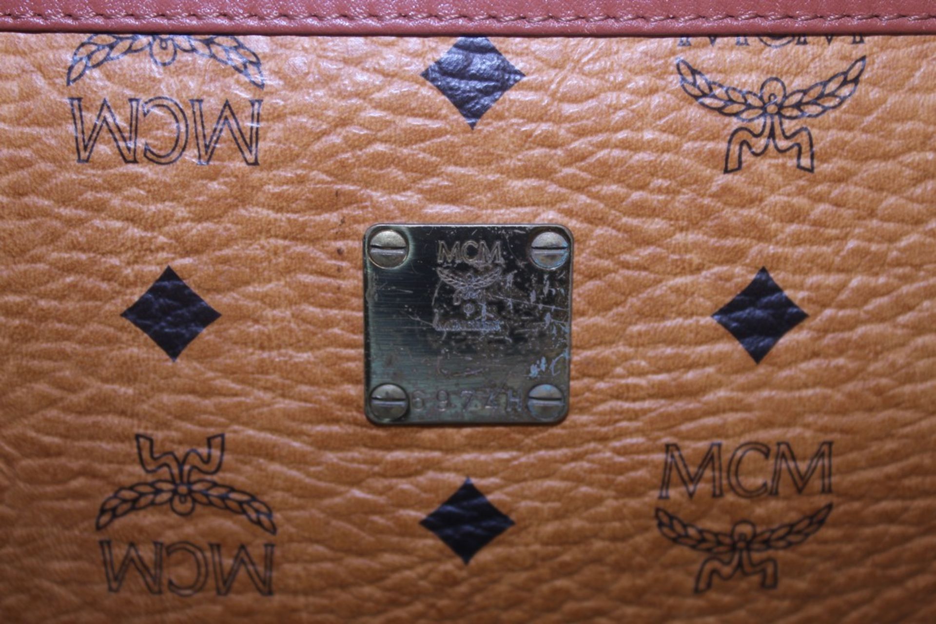 Rrp £300 MCM Calf Leather Cognac Monogramme Gold Vachetta Vintage Clutch Handbag. Production Code - Image 4 of 5