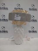 Rrp £80 White Dimpled Table Lamp With Grey And Mustard Staggered Lampshade