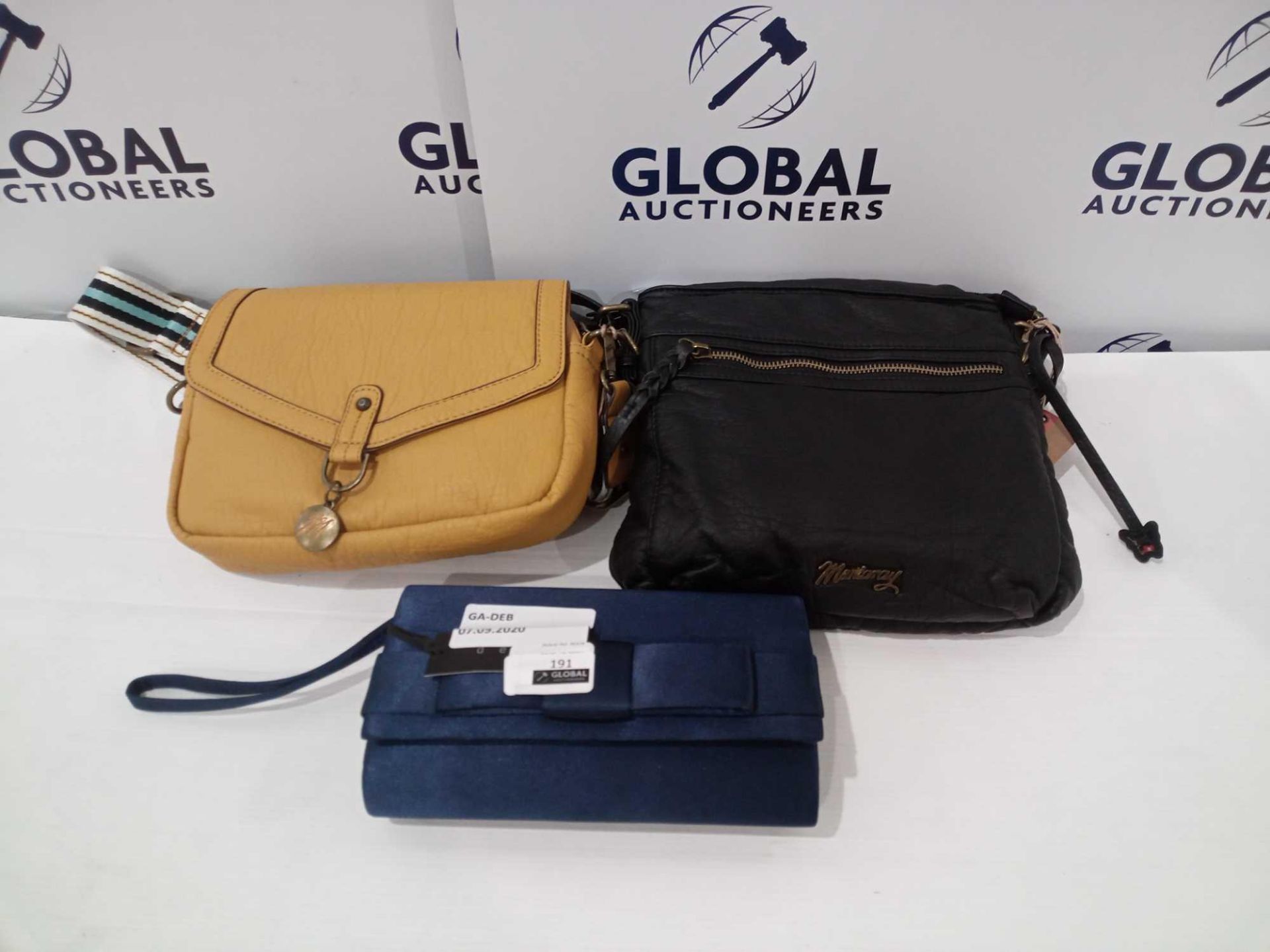 Rrp £75 Lot To Include 3 Women'S Handbags Purses Including Blue Clutch Bag Mustard Coloured Yellow H