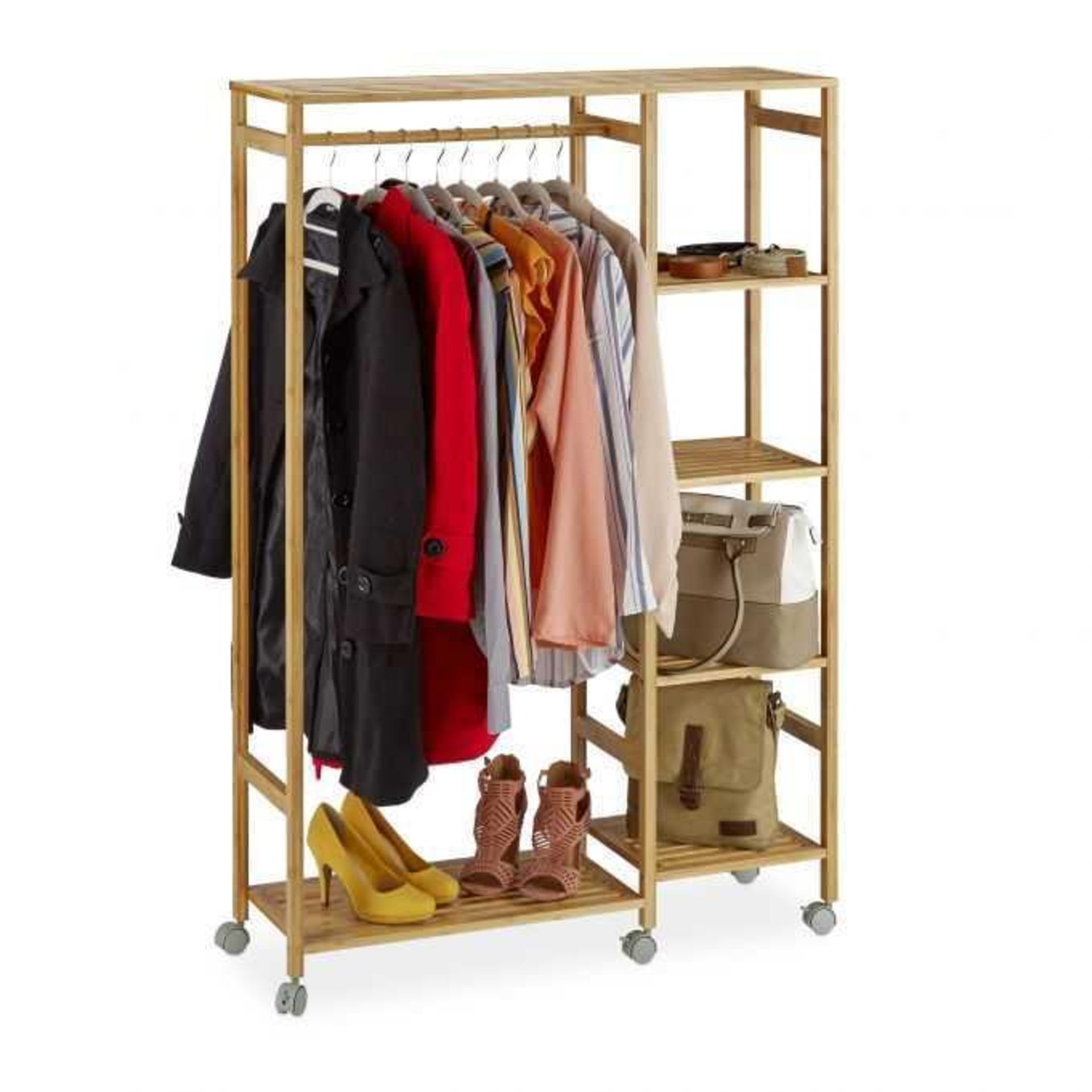 Rrp £60 Boxed Relaxdays Bamboo Rolling Coat Stand