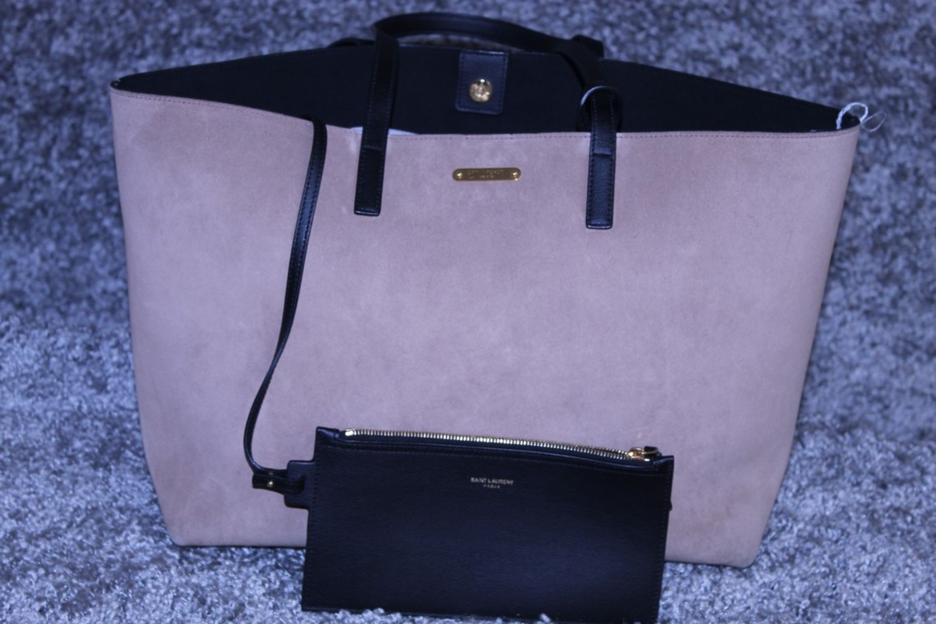 Rrp £1,490 Yves St-Lauren Medium Tassle Tote Bag, Dark Beige/Black Suede Leather, Black Leather