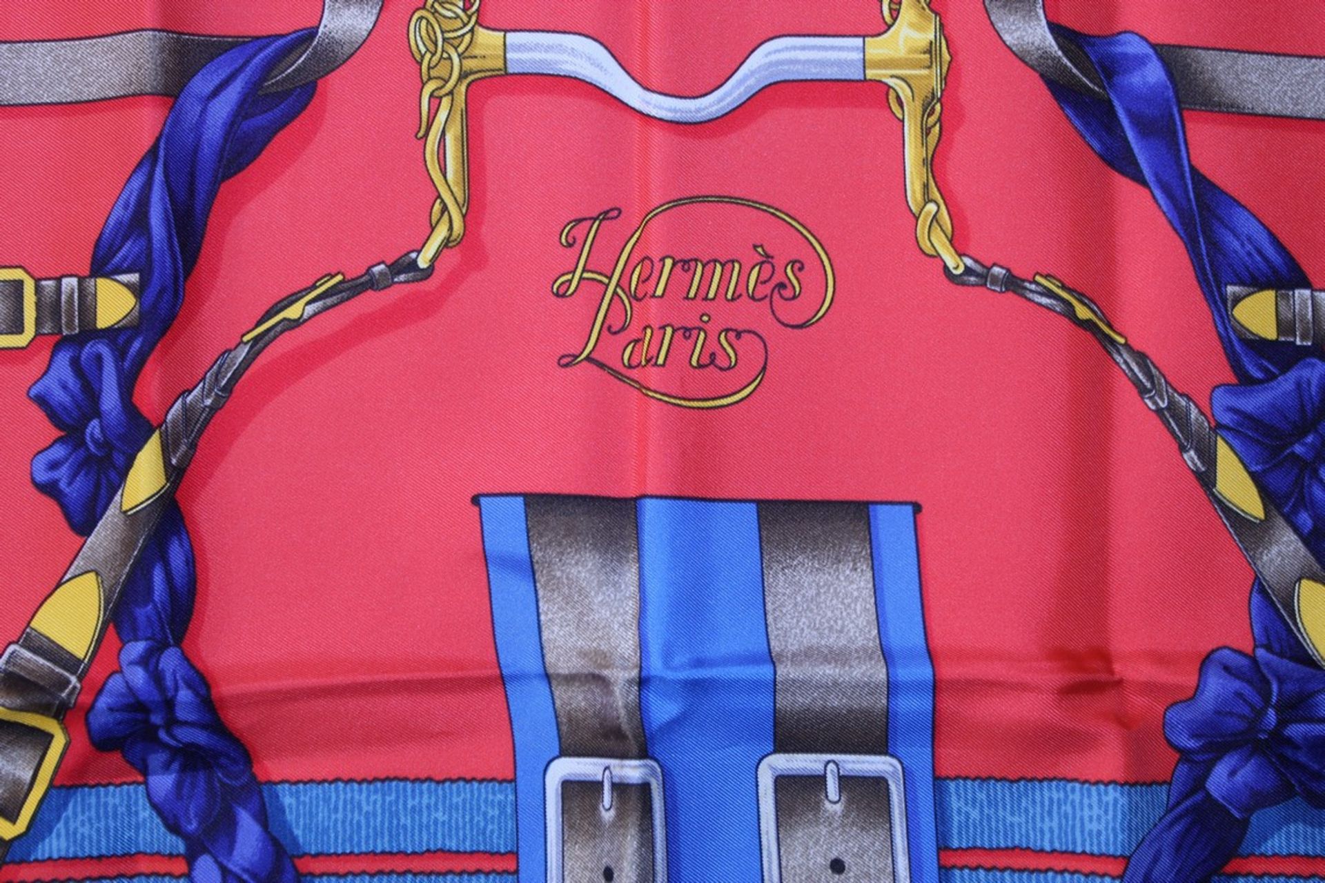 Rrp £680 Hermes 100% Twill Silk Scarf, Grand Manege, Red/Blue/Grey 90X90Cm, Condition Rating Aa ( - Image 3 of 4