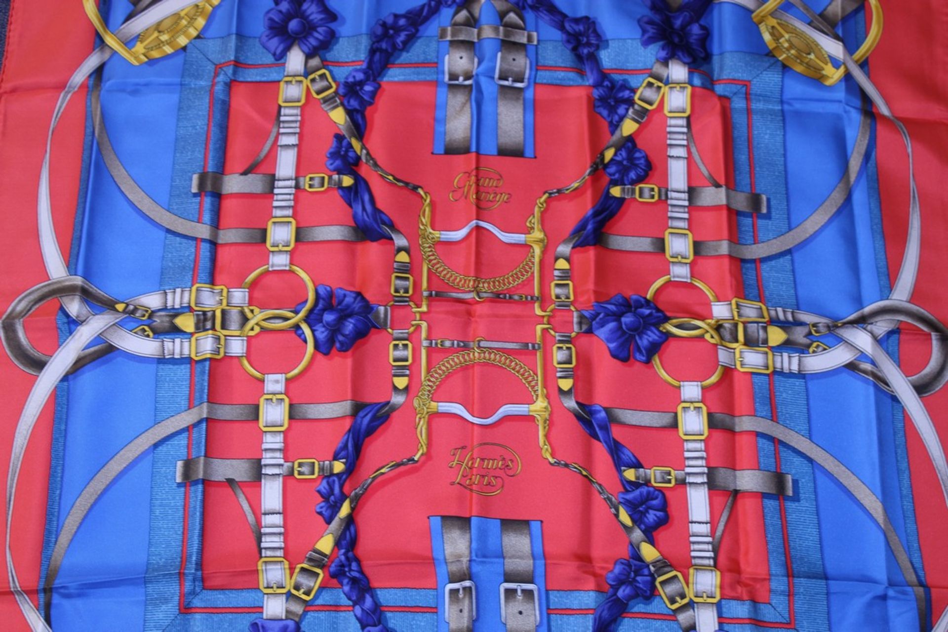 Rrp £680 Hermes 100% Twill Silk Scarf, Grand Manege, Red/Blue/Grey 90X90Cm, Condition Rating Aa (