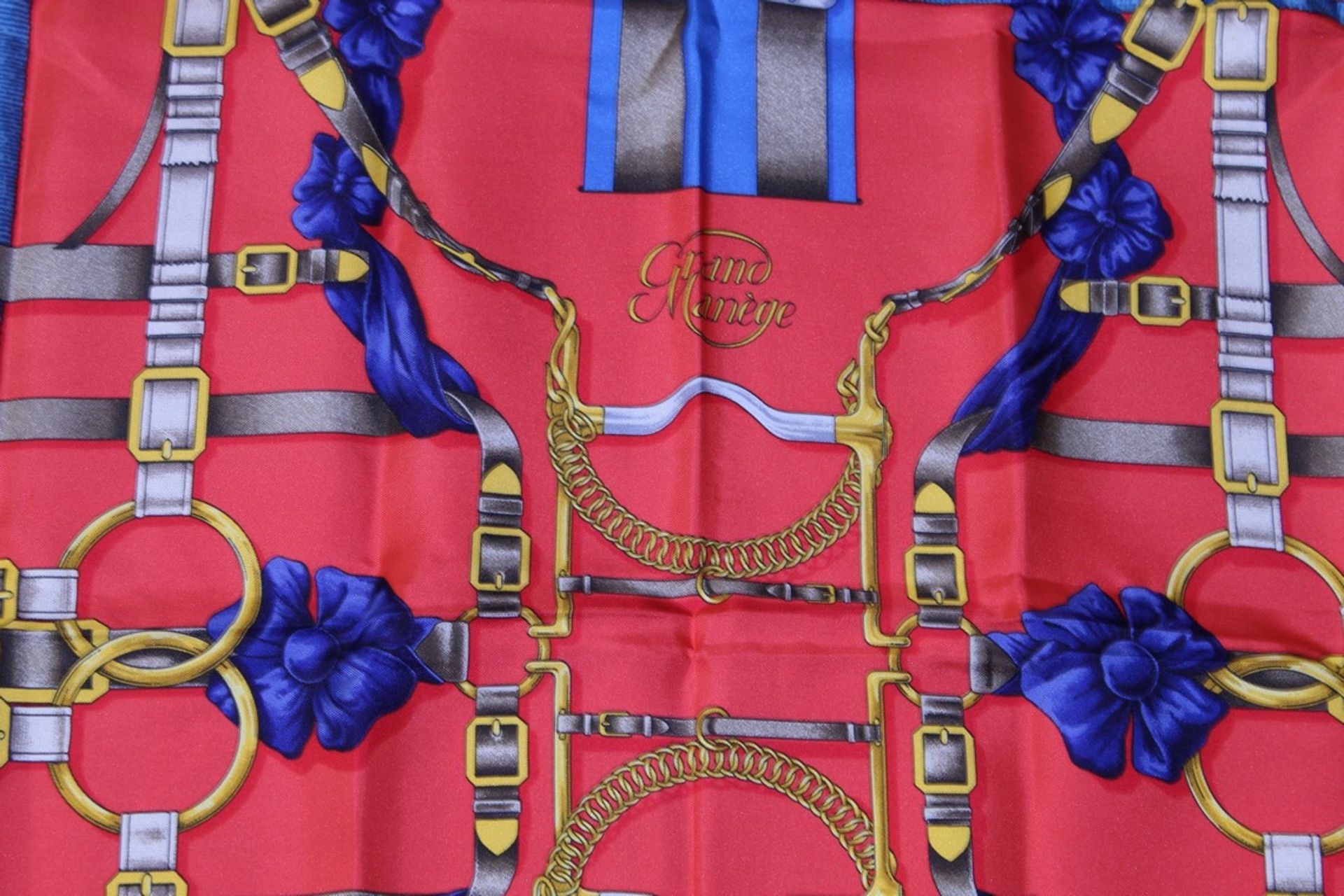 Rrp £680 Hermes 100% Twill Silk Scarf, Grand Manege, Red/Blue/Grey 90X90Cm, Condition Rating Aa ( - Image 2 of 4