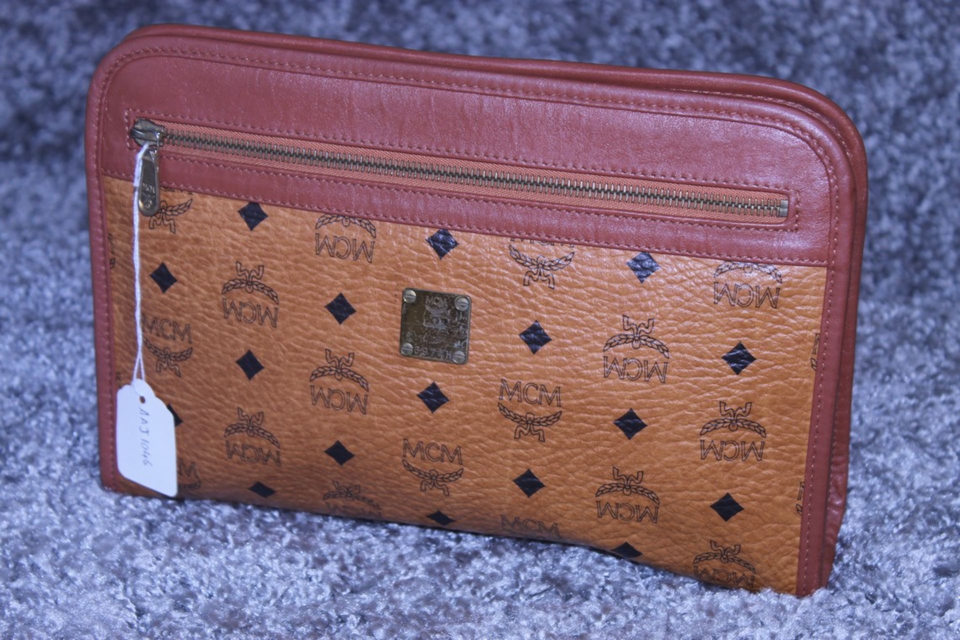 Rrp £300 MCM Calf Leather Cognac Monogramme Gold Vachetta Vintage Clutch Handbag. Production Code - Image 3 of 5
