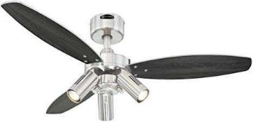 RRP £110 Boxed Westinghouse 105Cm Jet Plus Ceiling Fan With 3 Led Spotlights In Chrome And Dark Wood