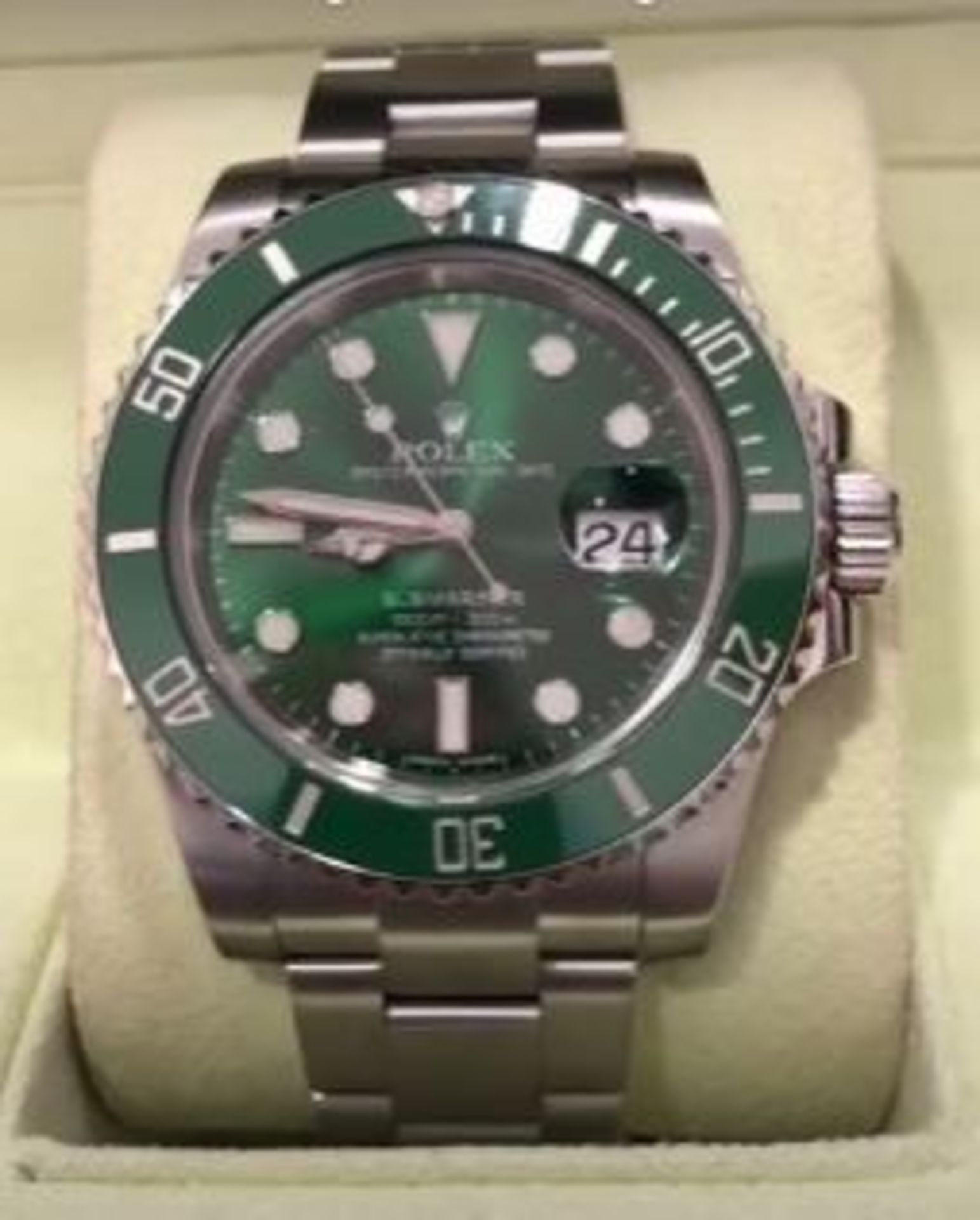 RRP £25,000 Rolex Submariner stainless Steel, green dial & green bezel, model number 116610LV. Boxed