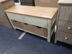 RRP £210 Designer Cream And Oak Top 5 Drawer Sideboard With 3 Wicker Baskets As Draws