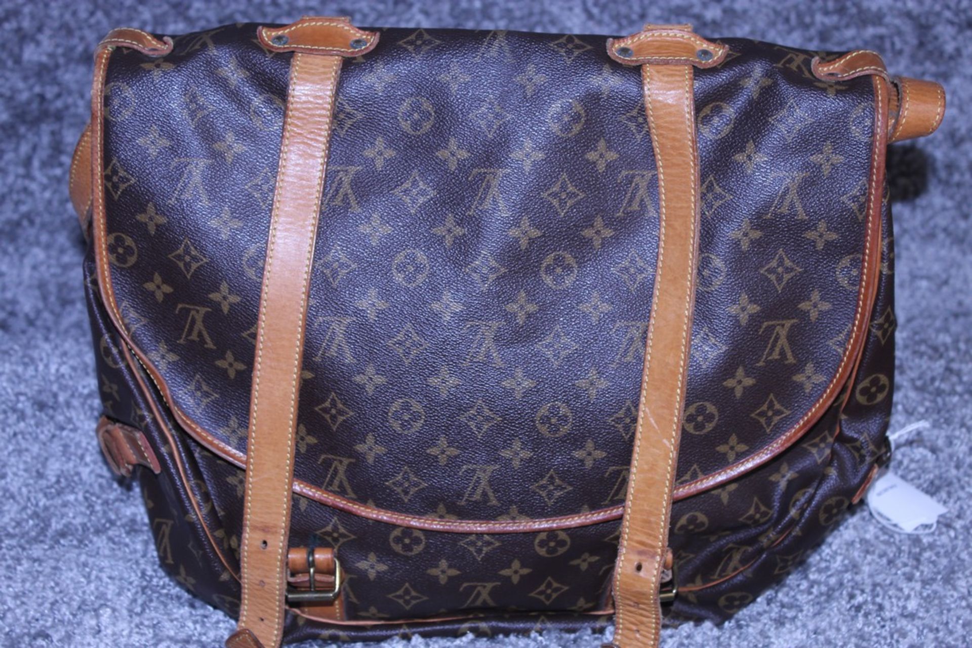 RRP £1,500 Louis Vuitton Saumur Double Strap Shoulder Bag, Brown Monogram Canvas, Vachetta
