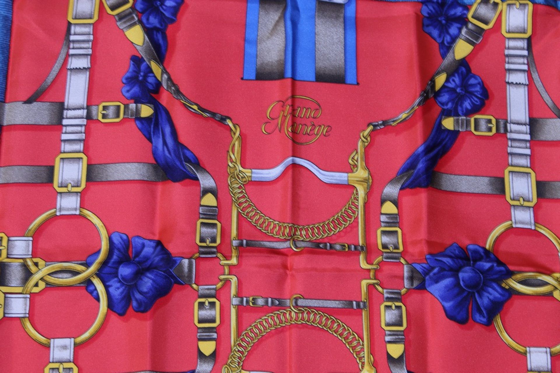 RRP £680 Hermes 100% Twill Silk Scarf, Grand Manege, Red/Blue/Grey 90X90Cm, Condition Rating Aa ( - Image 2 of 4