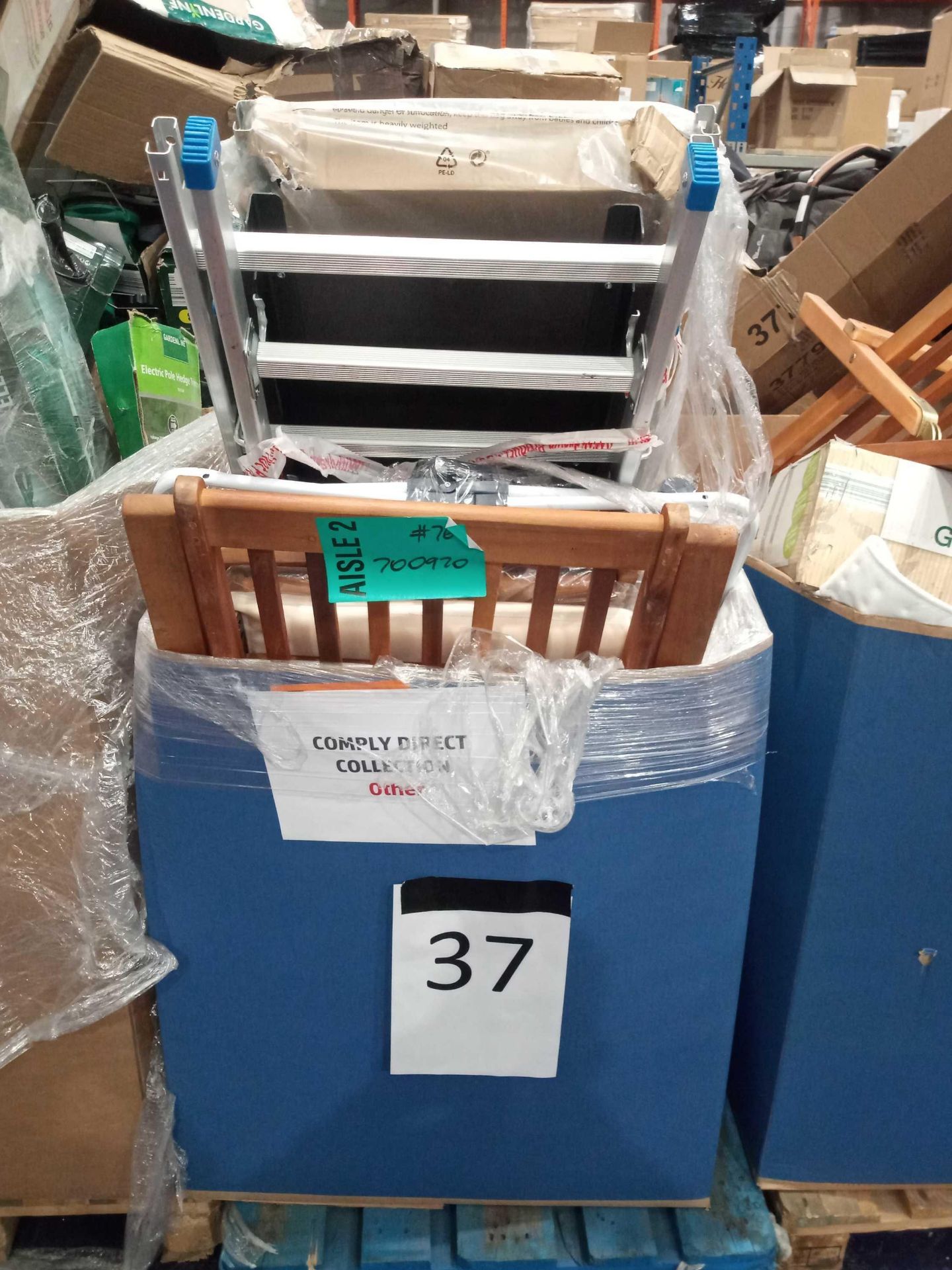 Pallet To Contain An Assortment Of Items To Include Folding Deck Chairs, Ladders, And Clothing