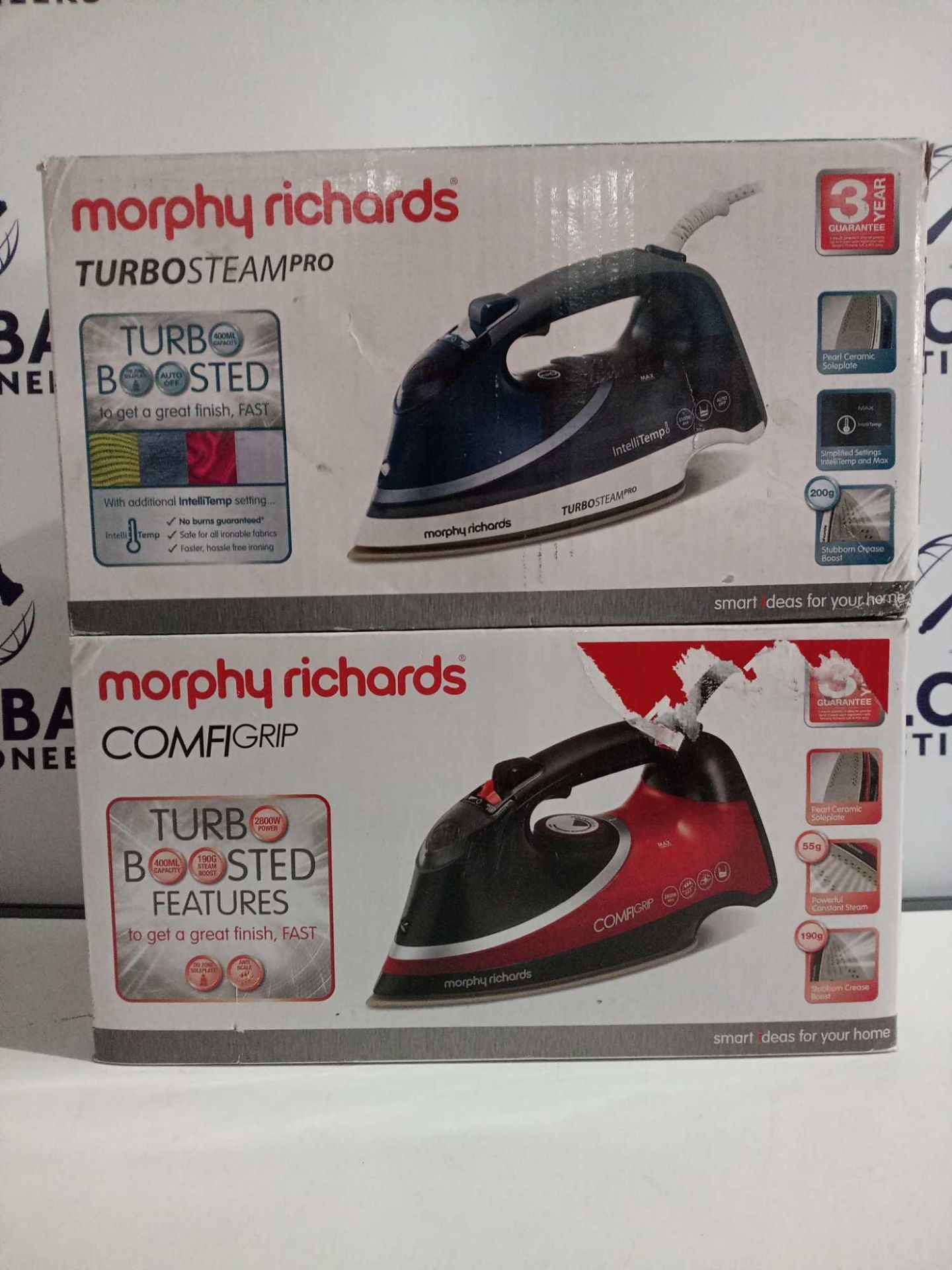 RRP £80 Each Boxed Morphy Richards Turbosteam Pro High-Performance Irons