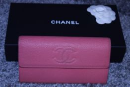 RRP £840 Chanel Pink Wallet, Cavier Calf Leather, Pink Long Flap Logo Wallet 7.5X4X1.5Cm (Production