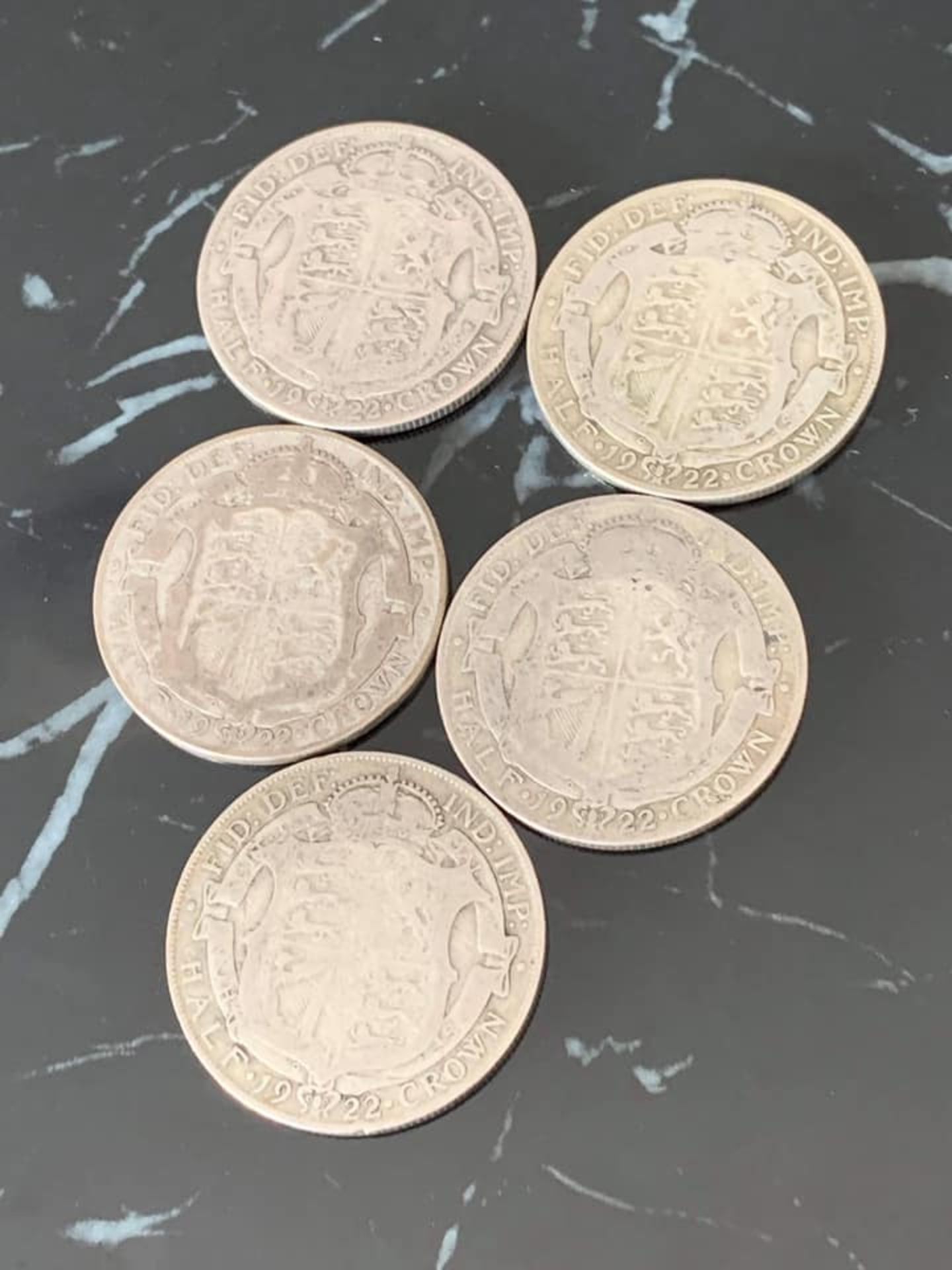 5 silver half crowns from the reign of George V dated 1922