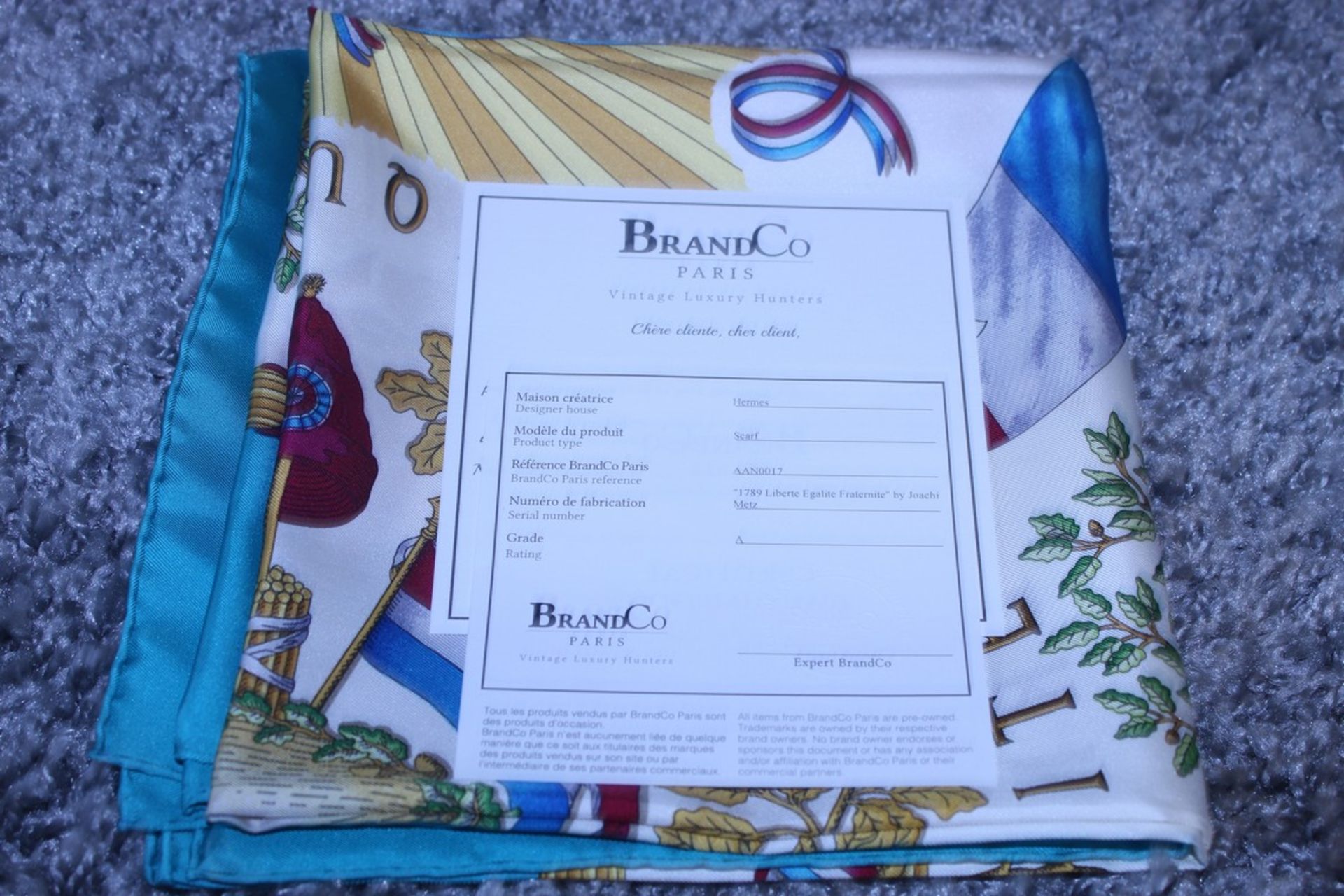 RRP £580 Hermes 100% Twill Silk 90X90Cm Bluegreen/Blue 1789 Liberte Egalite Fraternity Luxury Scarf. - Image 4 of 4