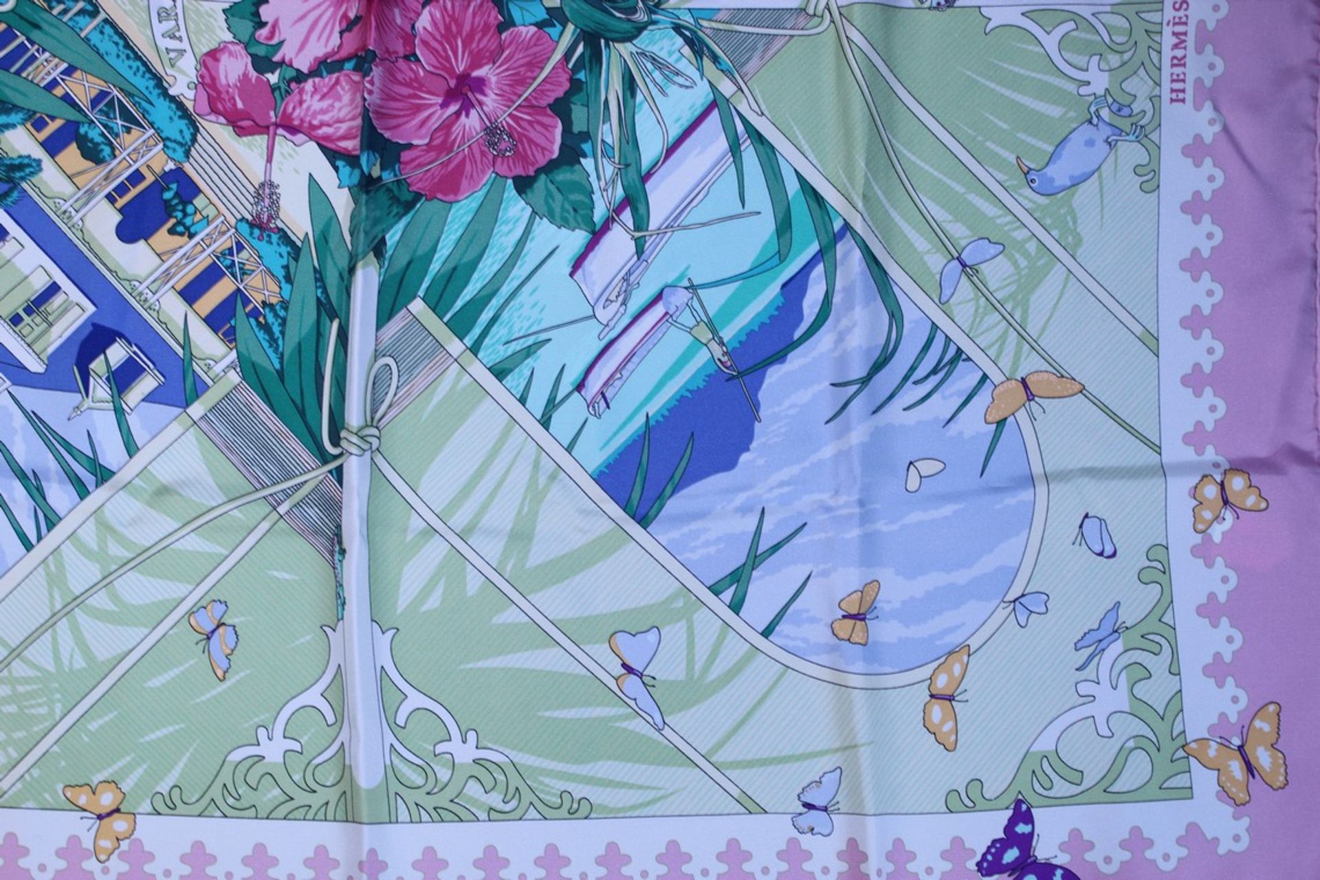 RRP £580 Hermes 100% Twill Silk 90X90Cm Pink/Green/Light Blue 90X90Cm Varangues By Dimitri - Image 2 of 5