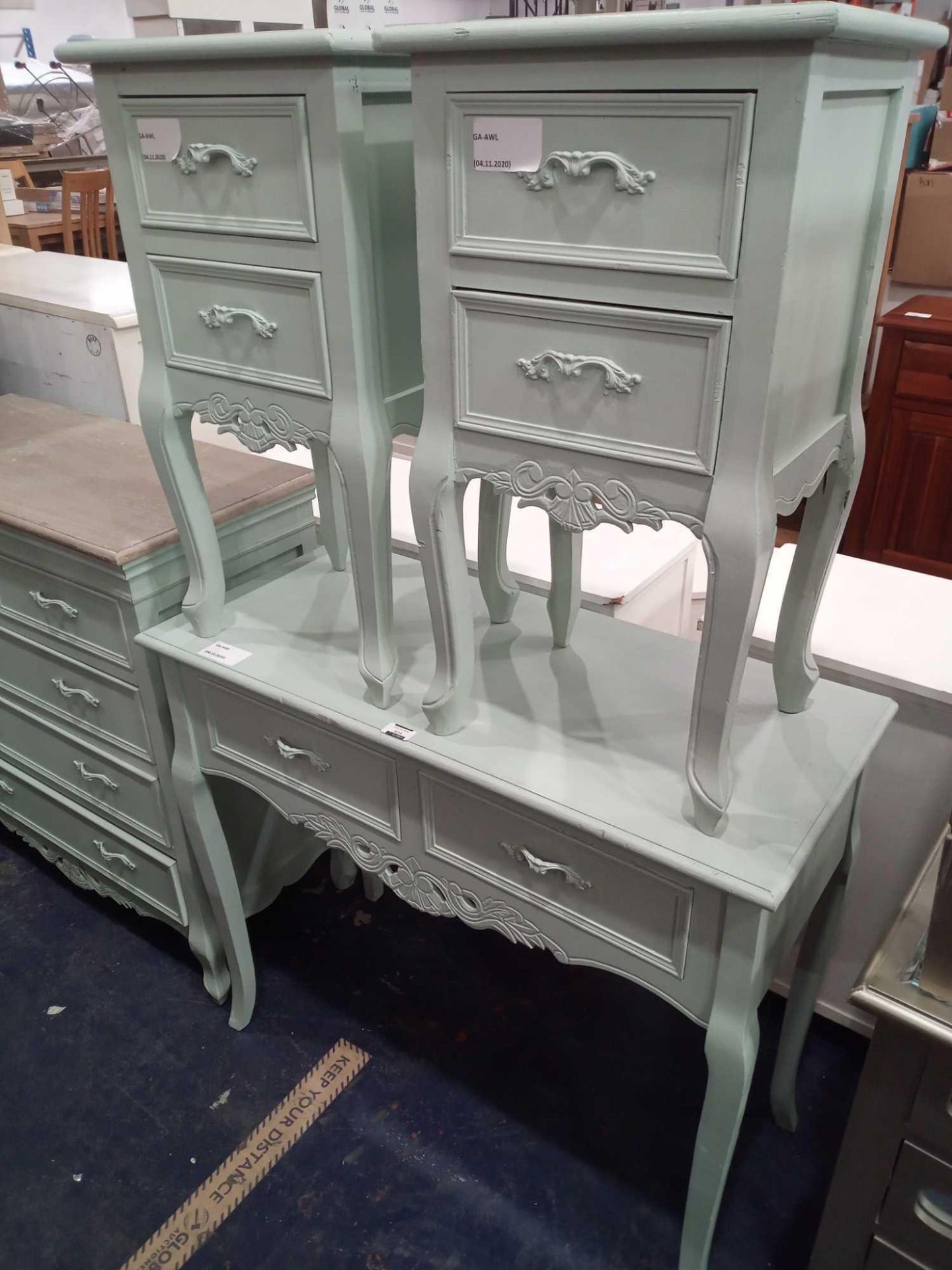 RRP £200 Set Of 3 Matching Chalk Painted Mint Green 2 Drawer Dressing Table With Two Small Bedside U