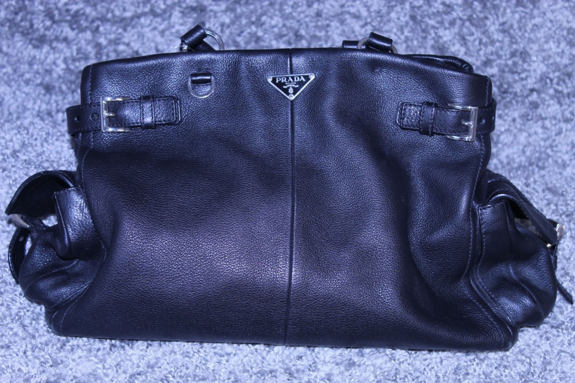 RRP £1200 Prada Side Pocket Tote Shoulder Bag In Black Small Grained Leather With Black Leather