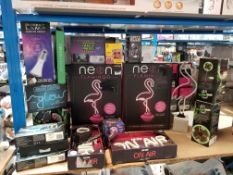 APPROX 20 ITEMS TO INC NEON FLAMINGO, SHAPE YOUR OWN NEON LIGHTS, LED CLOCK FAN., RETRO GAME,