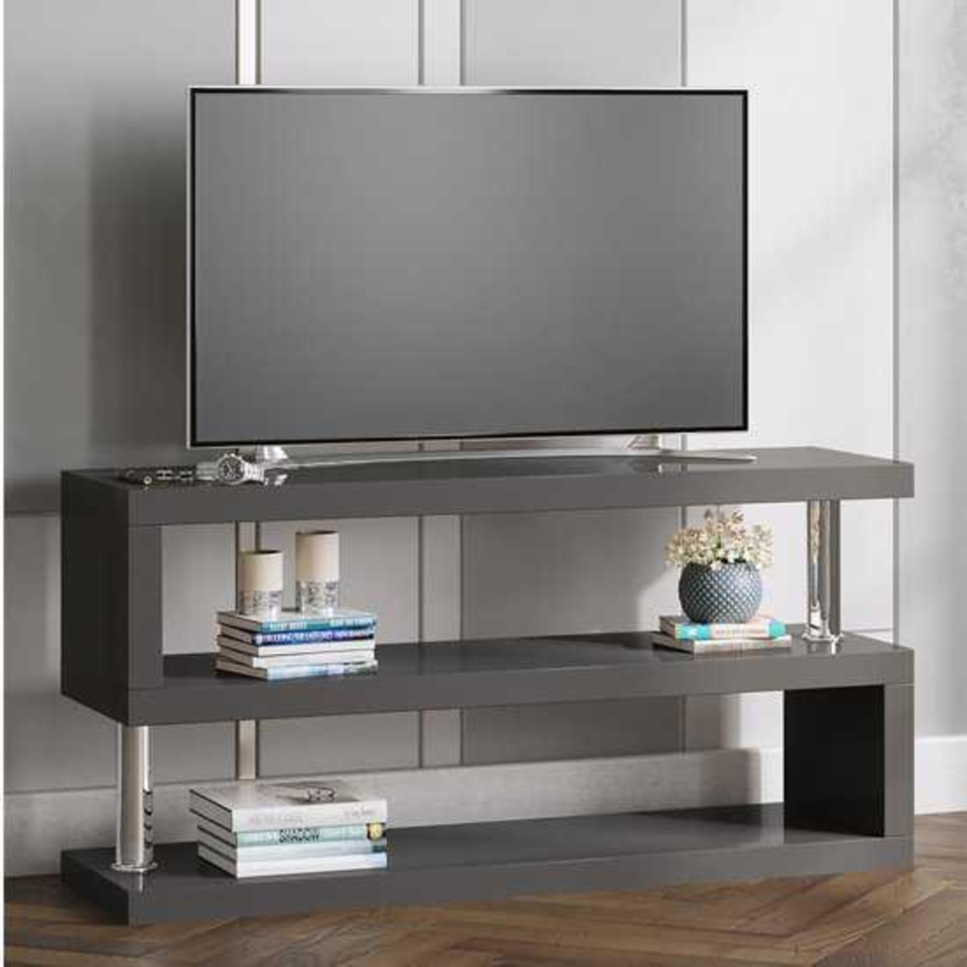 RRP £210 Boxed Miami Tv Stand Shelving In High Gloss Grey