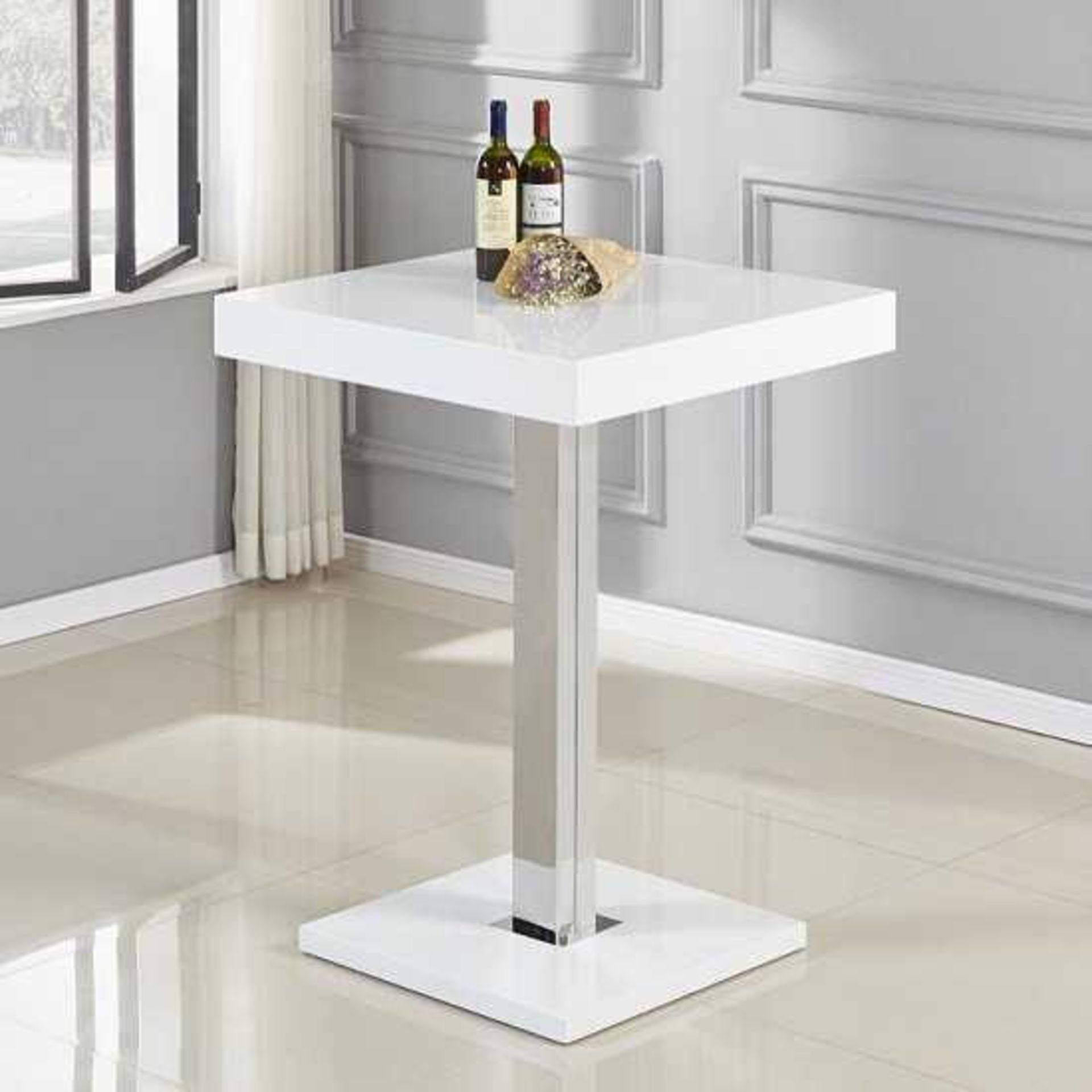 RRP £310 Boxed Topaz Bar Table Square In White High Gloss And Stainless Steel