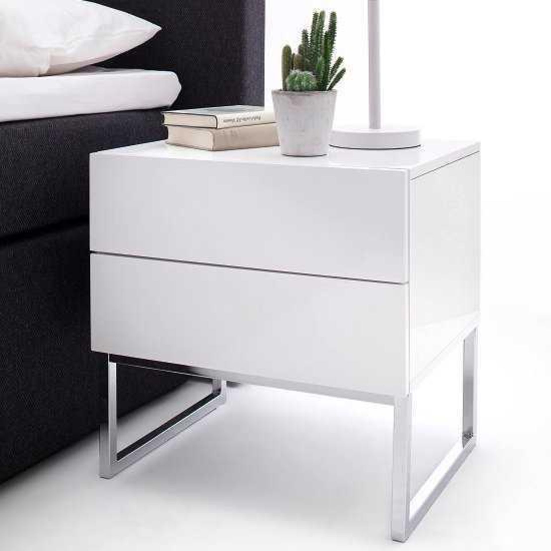 RRP £210 Boxed Strada Bedside Cabinet In White High Gloss With 2 Drawers