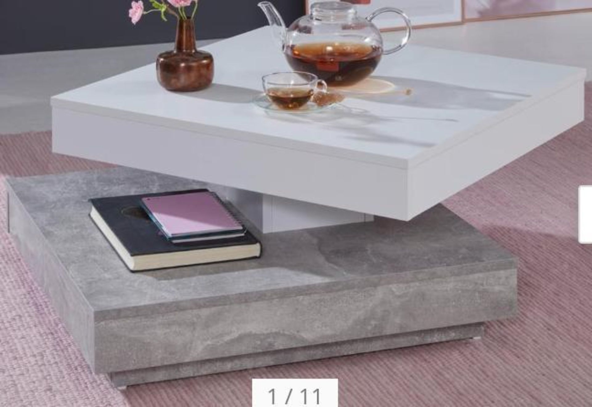 RRP £200 Boxed Coffee Table In White And Gray Concrete Design Table Top Rotatable, Square Living Roo