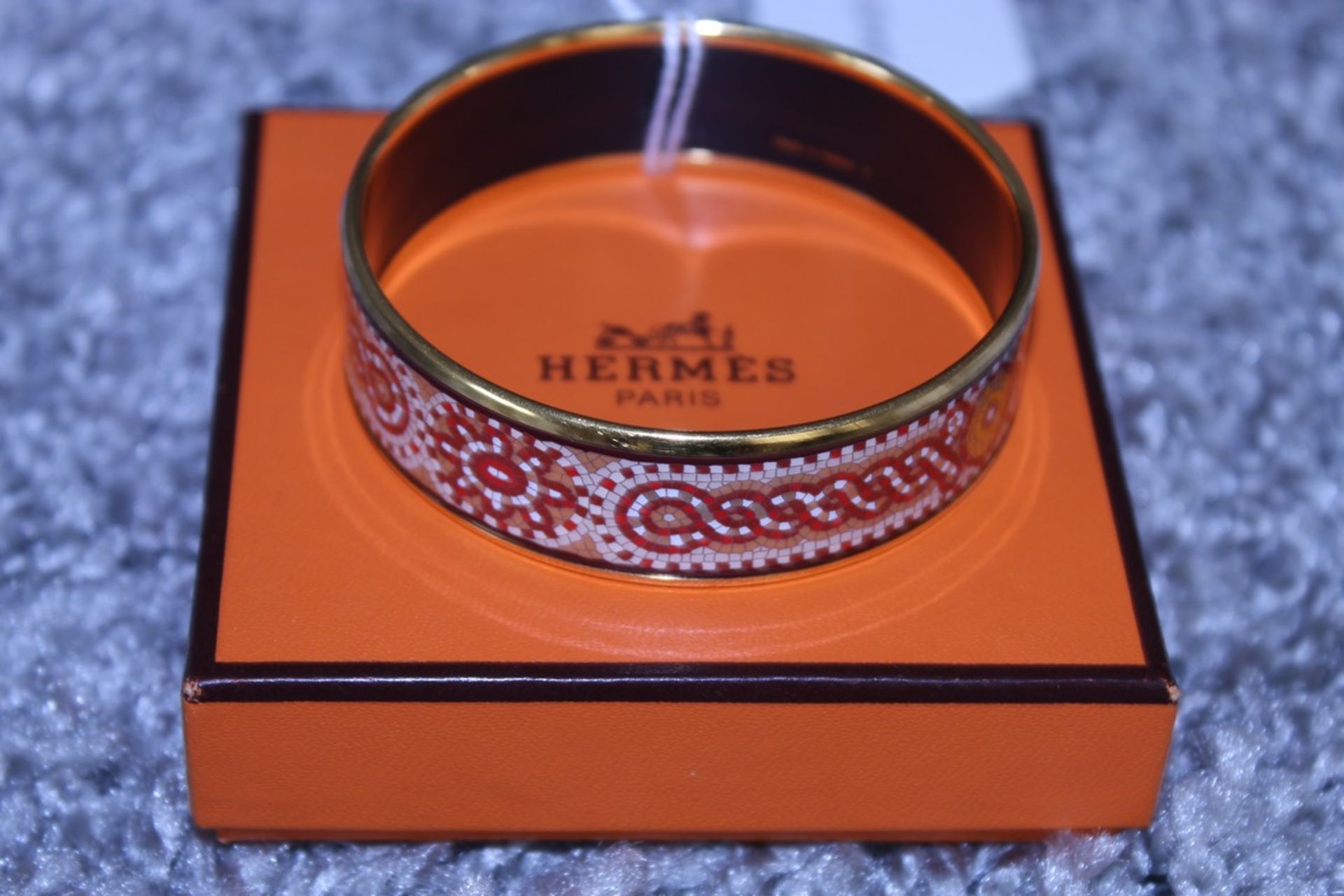 RRP £600 Hermes Enamel Bangle, Tile Art Motif, Red/Orange/Yellow, Diameter 6Cm, Condition Rating Ab,