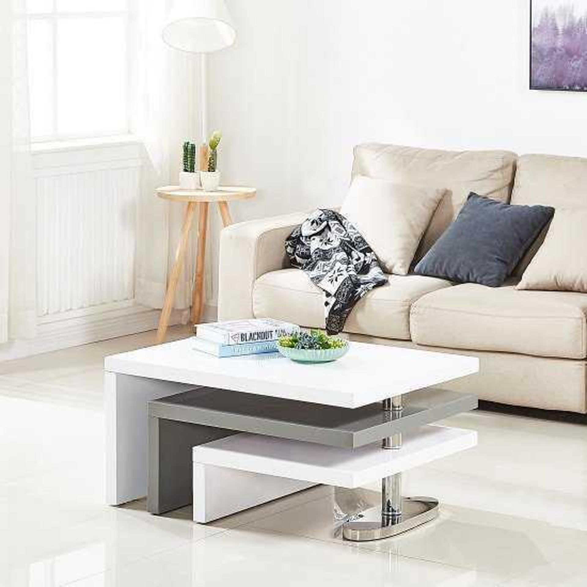 RRP £200 Boxed Coffee Table In White And Gray Concrete Design Table Top Rotatable, Square Living Roo