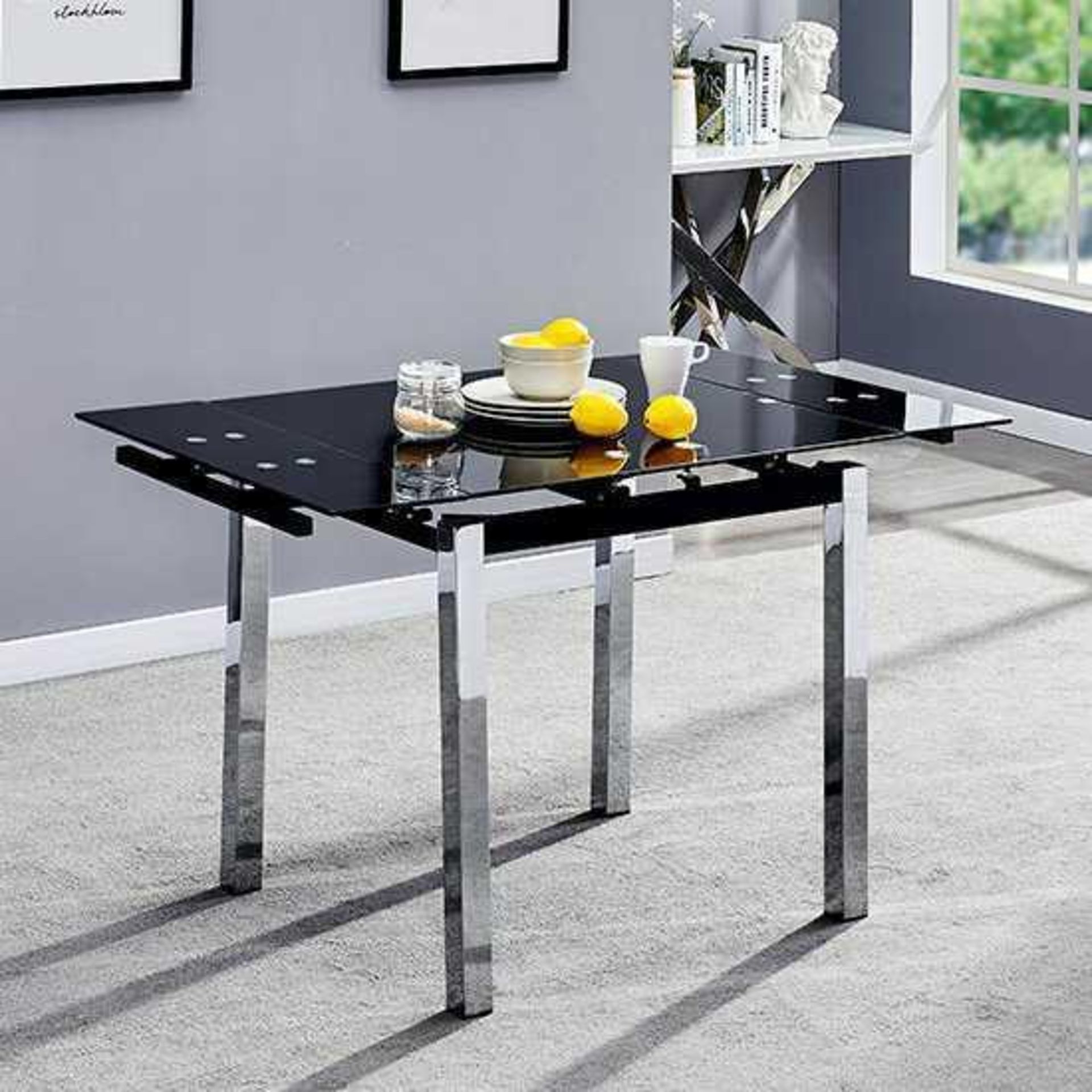 RRP £230 Boxed Paris Extending Black Glass Dining Table With Chrome Legs