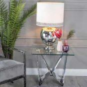 RRP £120. Chrome And Tempered Glass Lamp Table