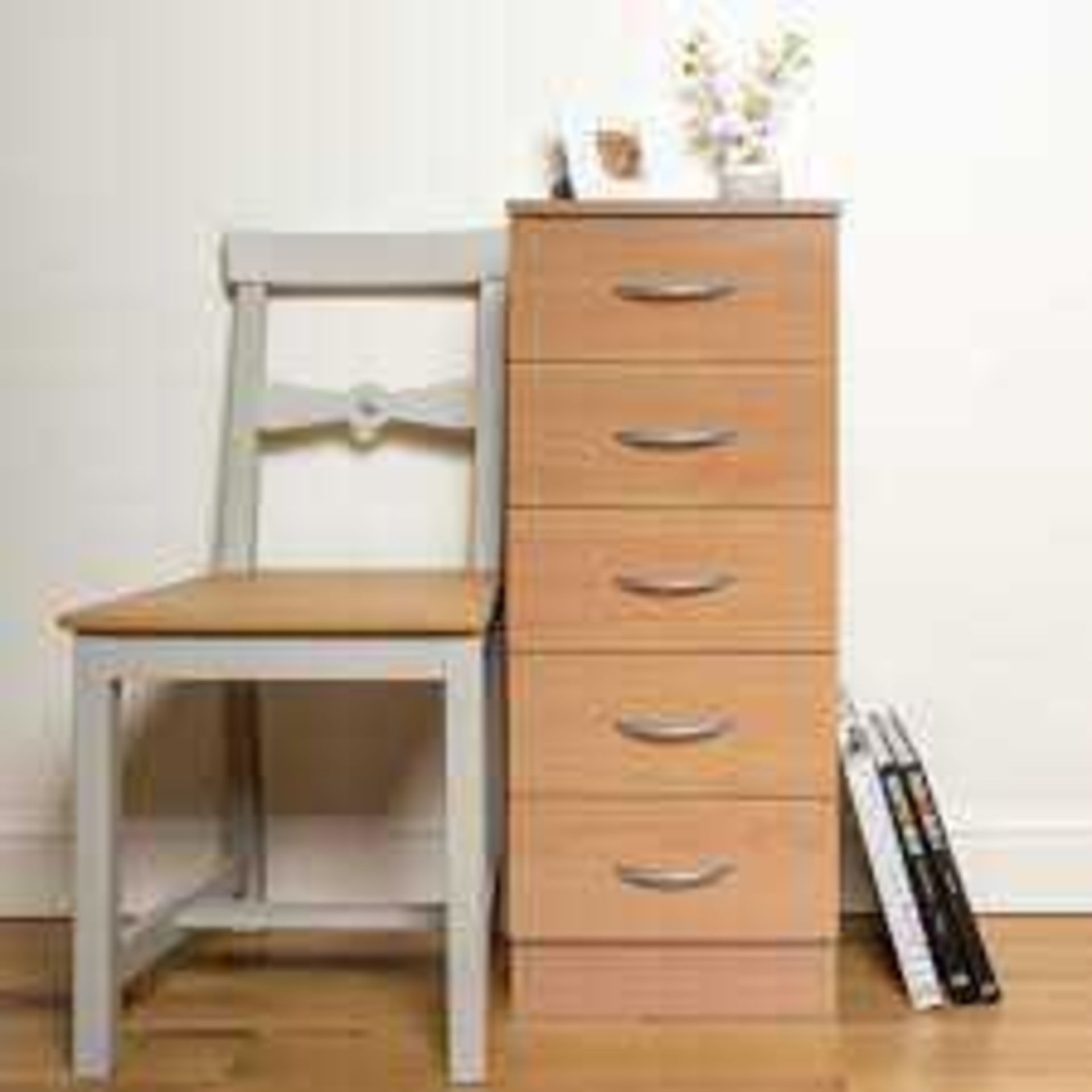 RRP £80. Boxed Chest Of 5 Drawers - Beech