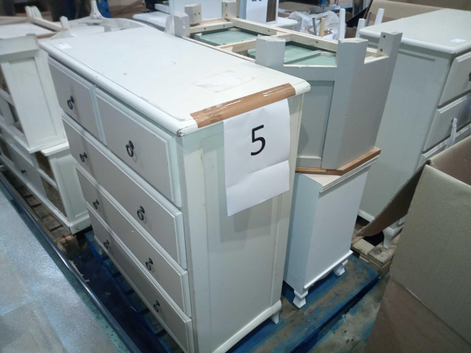 Assorted Furniture In White/Cream. 5 Drawer Chest, Tv Stand, 3 Drawer Chest And 2 Drawer Bedside Tab