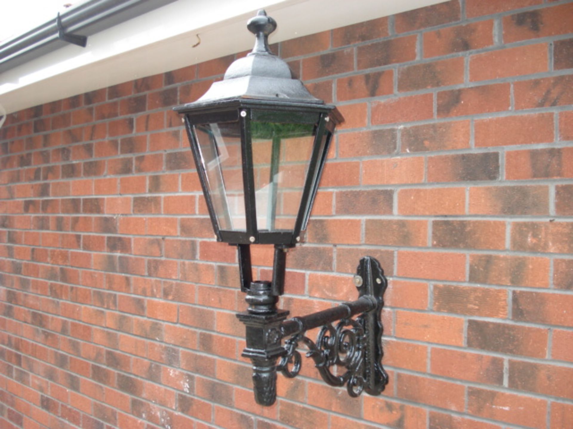 LARGE CAST IRON ORNATE WALL HANGING GLAZED LANTERN