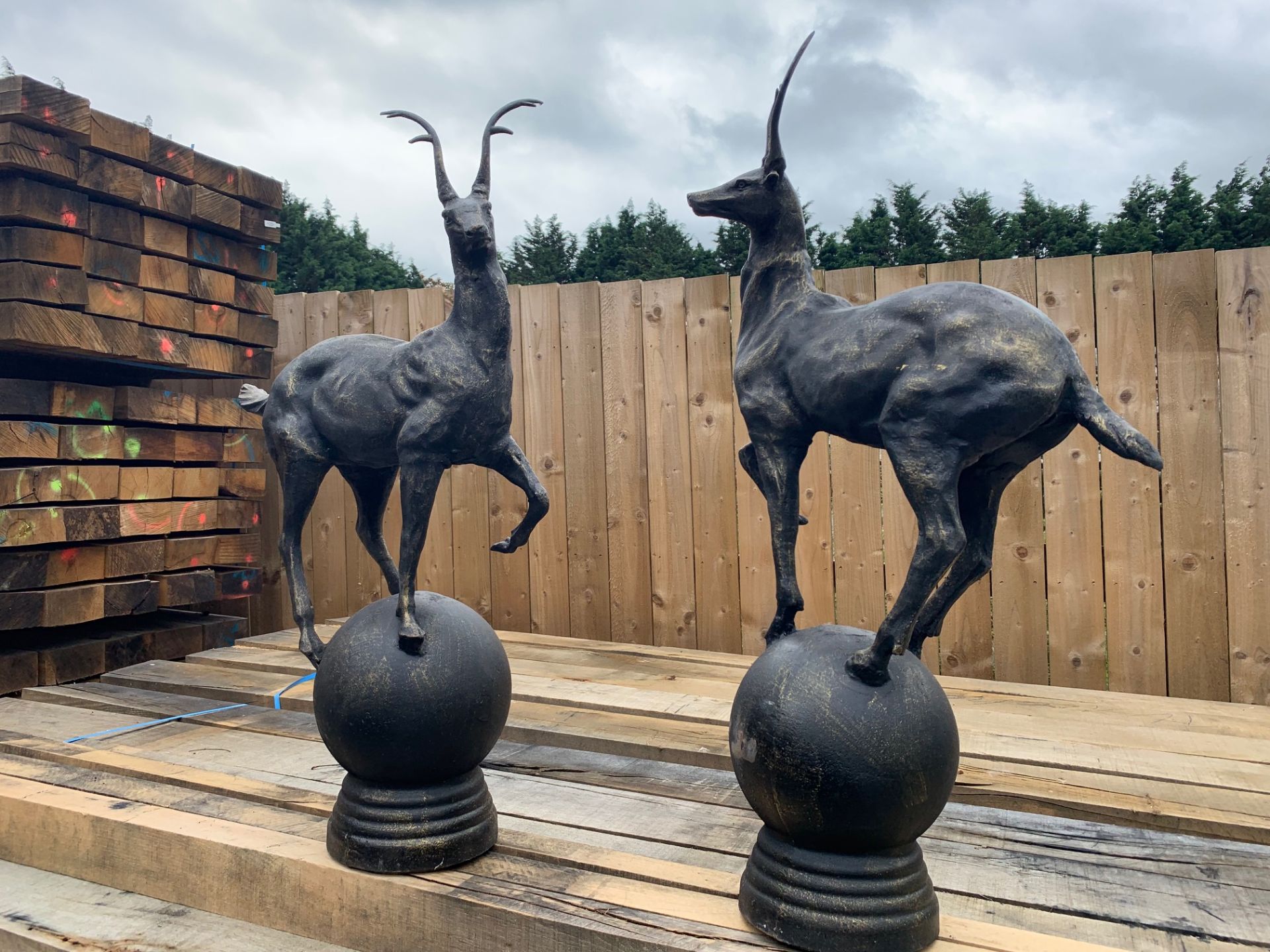 PAIR HEAVY LARGE CAST IRON DEER GATEPOST FINIALS