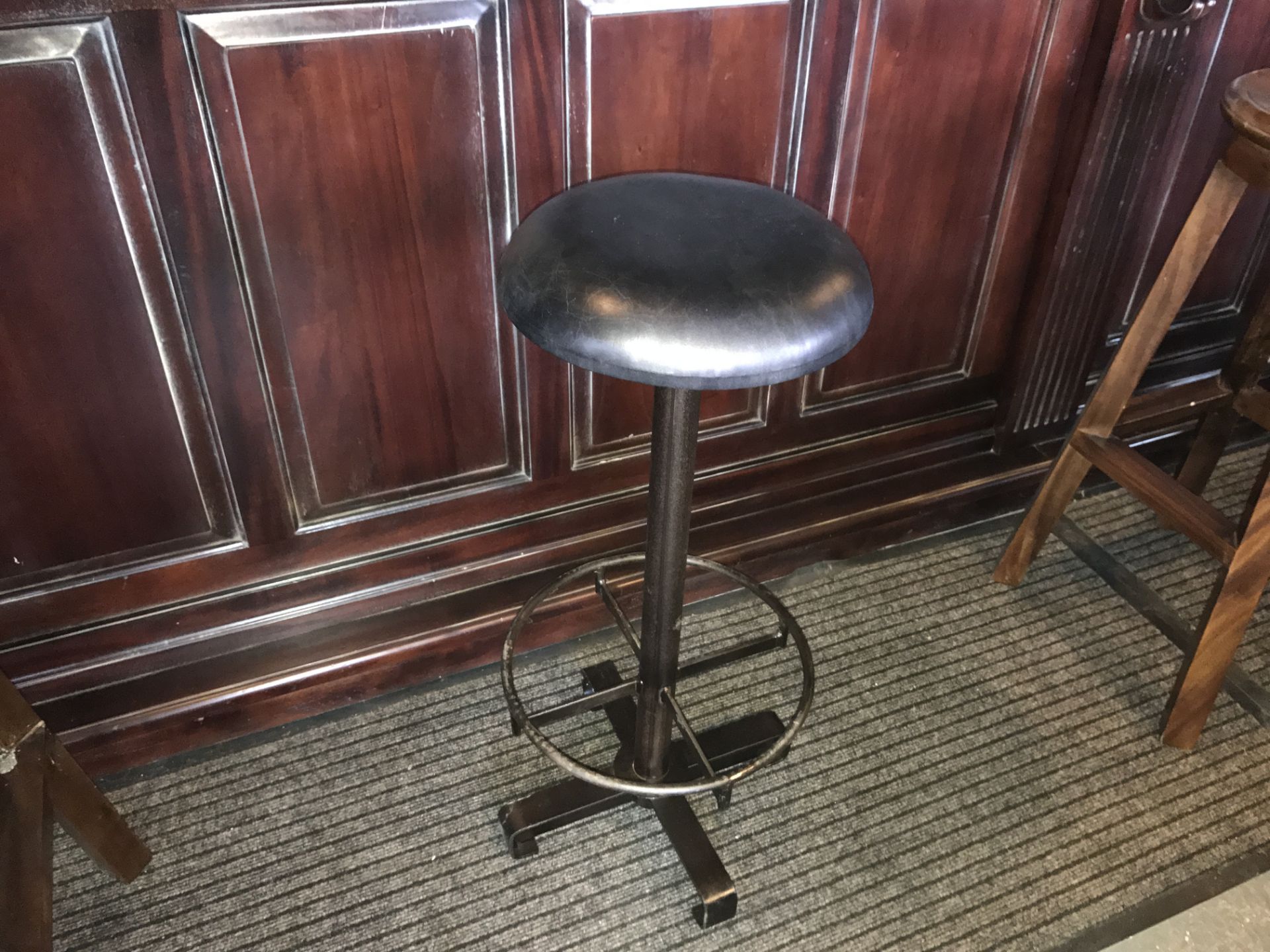 BOXED NEW BLACK INDUSTRIAL BAR STOOL WITH BLACK LEATHER SEAT