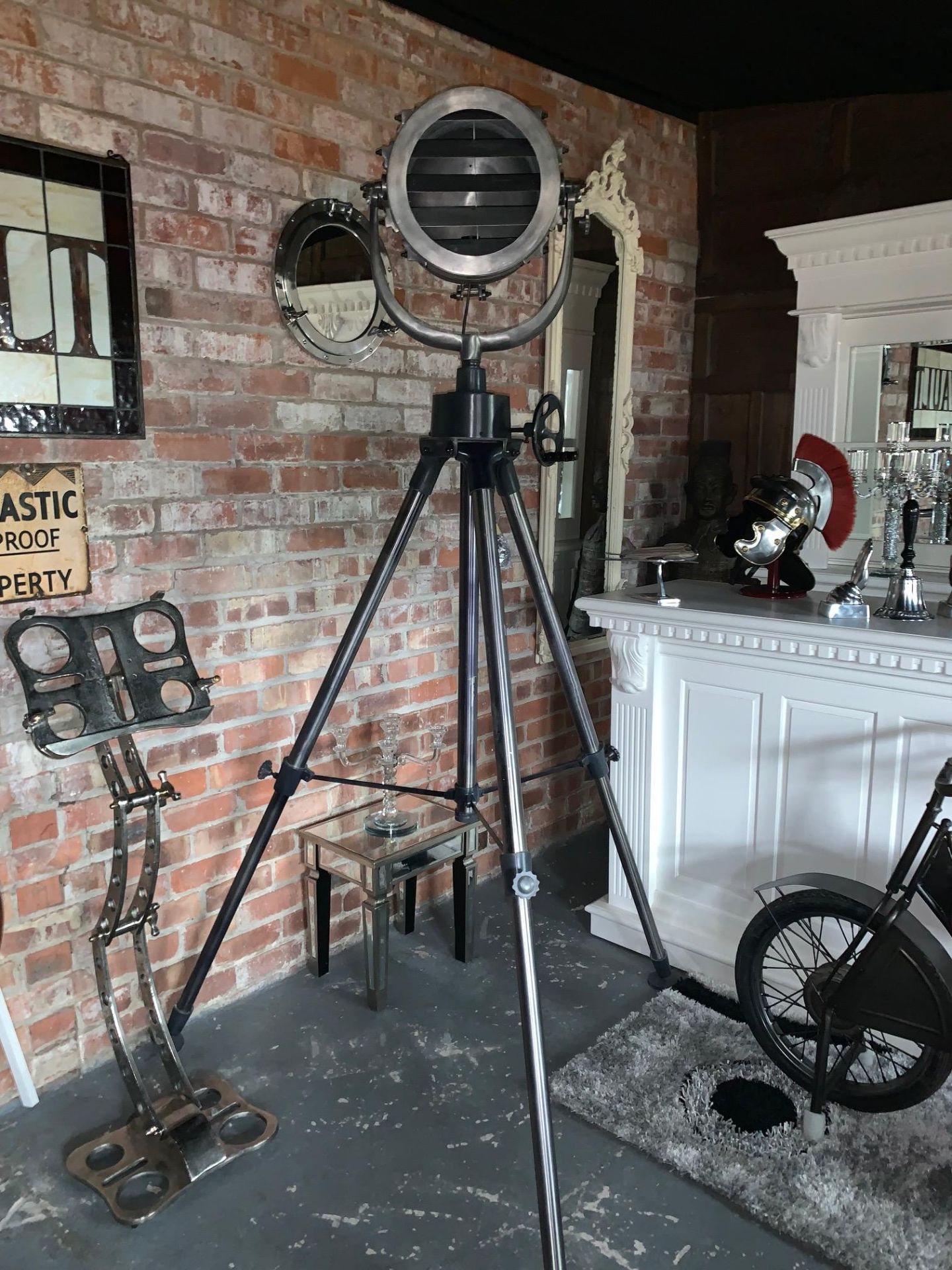 DESIGNER METAL NICKEL/STEEL TRIPOD SEARCHLIGHT 7FT TALL