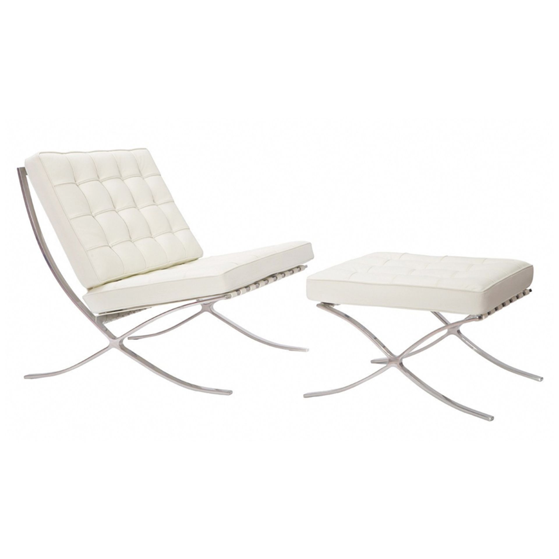 BRAND NEW BOXED WHITE LEATHER BARCELONA CHAIR AND FOOTSTOOL